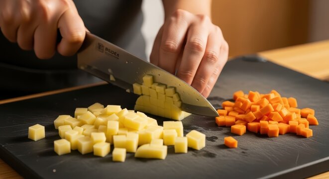 Caucasian female preparing diced vegetables on kitchen cutting board - Powered by Adobe