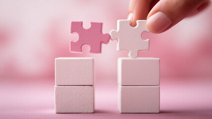 A solution building concept depicted with two interlocking puzzle pieces closing a gap between blocks, representing connection collaboration and strategic alignment.
