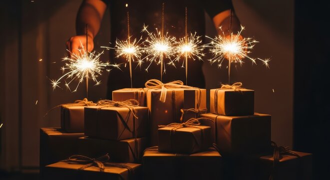 Festive celebration with sparklers and gift boxes in warm light