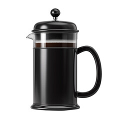 Fototapeta premium Coffee drink in black metal jug isolated on white background or transparent png, hot beverage served in stylish durable container.