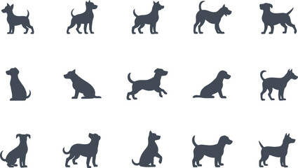 Dog breed silhouettes, black canine icons, pet animal shapes, vector dog poses, sitting standing running dogs, flat minimal illustration