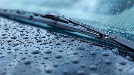 Close up view of a car windshield with raindrops and a frameless wiper blade in 3d rendering