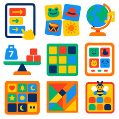 Obraz premium Educational Kids Icons. Flat vector icons of kids learning and educational games: simple coding game for kids, rhyming picture