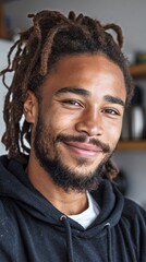 Smiling Young Man in Black Hoodie Poses in Kitchen With Bright Atmosphere