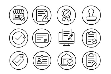 Licensing Icons Collection. Line style round icons of licensing and permits: business license, permit document, certification