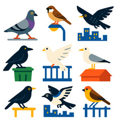 Fototapeta premium Urban Bird Icons. Flat vector icons of city birds: pigeon walking on pavement, sparrow perched on streetlight, starling flying