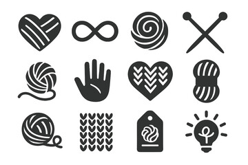 Knitting Symbol Icons. Solid style icons of Knitting symbols and icons: heart with yarn, infinity thread, yarn swirl, needles
