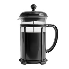 Coffee drink in black metal jug isolated on white background or transparent png, hot beverage served in stylish durable container.