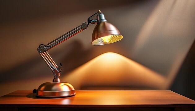 a vintage industrial desk lamp with a metallic finish and warm light showcasing an adjustable arm and sturdy base ideal for creating a cozy atmosphere in any workspace or home office