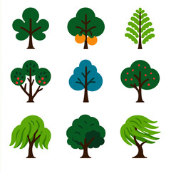 Fototapeta premium Vibrant Tree Icons. Flat vector icons of deciduous trees: fig tree with three-part crown, persimmon with fruit cluster, honey