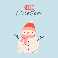 Cute simple greeting card with snowman. Trendy hand drawn doodle cozy winter poster. Perfect for cards, invitations, posters, home decor, and seasonal design. Flat vector illustration