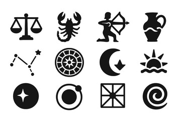 Zodiac Icons Collection. Solid style icons of Zodiac: Libra scales, scorpion shape, archer with bow, water bearer jug, star
