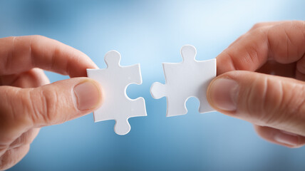 Two hands connecting puzzle pieces representing collaboration partnership and the concept of integration to complete a solution

