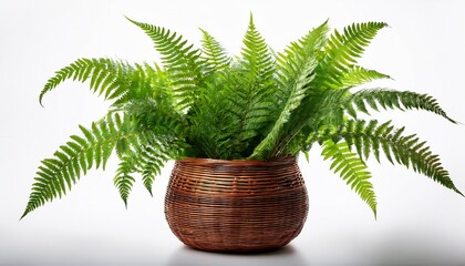 a lush green fern plant in a brown wicker pot isolated on a white background background removed
