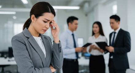 Stressed businesswoman in office with colleagues blurred in background.