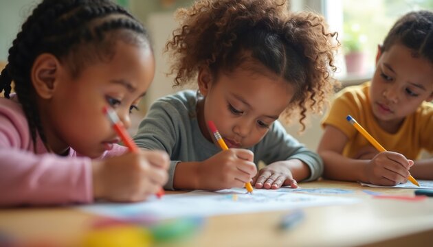 Children collaborate drawing at table. Young kids practice art and creativity indoors. Focus on learning, development, and fun at home, school, or kindergarten. Diverse group enjoys creative activity.