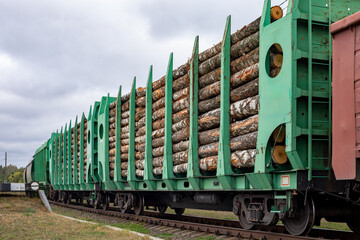 Wagons laden with wood. Railway cars with timber. Timber trading. Freight. Transportation of timber by rail.