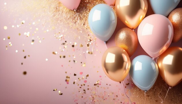 pastel balloons and gold confetti for a lively party backdrop