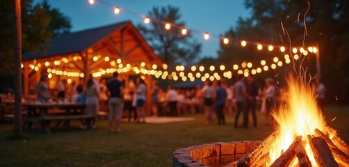 Wedding reception with bonfire, string lights, guests socializing by rustic wooden pavilion at dusk. Cozy outdoor gathering creates warm, festive, social atmosphere. Friends enjoy celebration,