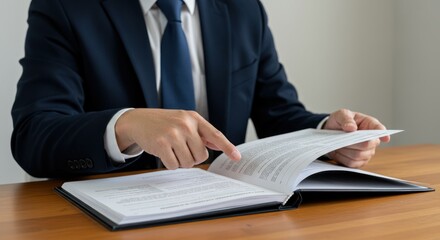 Person in suit reading a document at a wooden desk.