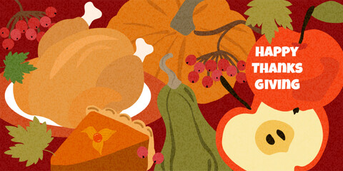  Thanksgiving cover, horizontal poster in minimal style for greeting, web design, print, social media ads, promo. Modern template with roasted turkey, pumpkin, apple, pie on warm textured background