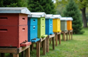 Row of colorful wooden beehives for honey production in a city garden setting. Multiple bee houses stand on wooden supports amidst green grass and trees, attracting insects for apiculture and farming.