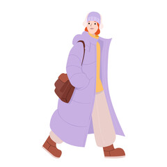 Young woman walking in winter outfit with long purple coat boots beanie and earmuffs carrying brown shoulder bag on white background