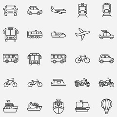 Comprehensive Collection of Outline Transportation Icons Representing Diverse Modes of Travel, Including Land, Air, and Sea Vehicles for Modern Web and Graphic Design Projects