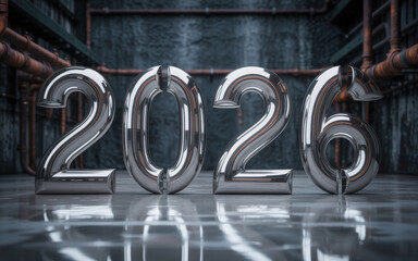 Metallic 2026 numbers chrome effect on a reflective surface symbolizing the upcoming year