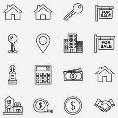A set of linear icons illustrating concepts in real estate, including property sales, home financing, and housing market transactions