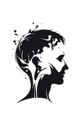 Abstract silhouette of a human head with liquid splash effect symbolizing creativity, emotion, and mental energy. Modern vector concept of thoughts, imagination, and mind flow.