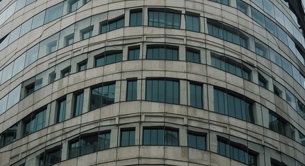 Modern office building with glass facade and concrete elements, architectural detail, urban environment