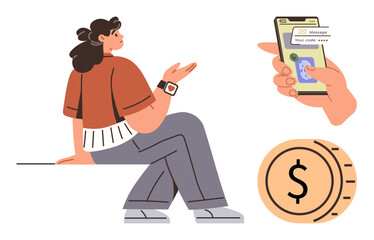Woman sitting with smartphone showing two-factor authentication, hand scanning fingerprint, digital coin with dollar sign. Ideal for security, finance, technology, online banking, privacy, fintech