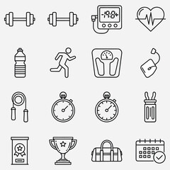 Collection of healthy lifestyle and fitness icons, including exercise equipment, body measurements, and sports-related symbols