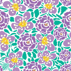 Purple pastel flowers with green leaves and yellow pollen grains on white background seamless pattern. Good for fabric, textile, decoration, wrapping, packaging print and more. 