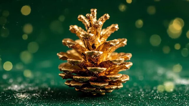 Golden pine cone decoration on a green background with glitter and bokeh effects for Christmas holiday footage