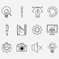 Line art icon set illustrating creativity, design, and tools related to the graphic arts