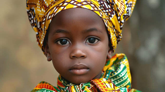 portrait of a little African Nigerian girl wearing a colorful traditional outfit and headband. The attire features vibrant patterns, celebrating Nigeria independence Day