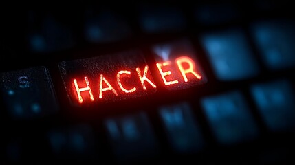 Hacker text glowing red on computer keyboard