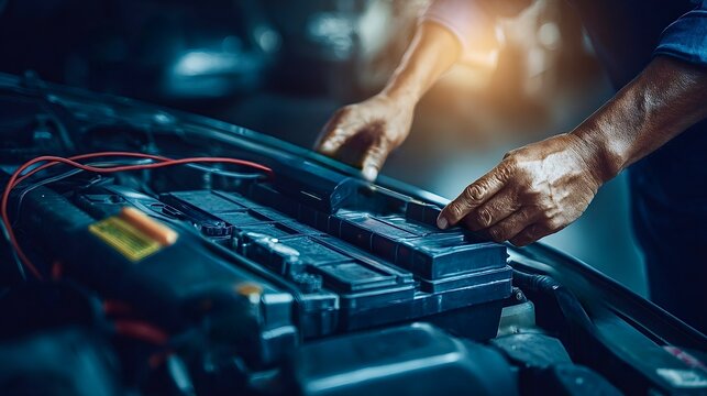Mechanic repairing car battery, checking vehicle engine maintenance