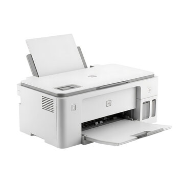 Modern white ink tank printer with paper output tray and input tray isolated on transparent background