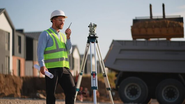 Surveyor using theodolite and walkie talkie on construction site