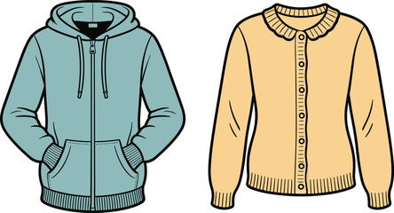 Hoodie and cardigan comparison, casual outerwear styles, fashion garment flatlay, cad drawing vector illustration, minimal design, clothing texture