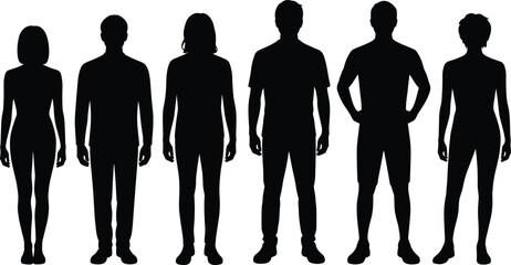 Human body silhouettes, diverse shapes, male female forms, posture study, fashion reference, black figures, white background, anatomy, casual clothing, diversity