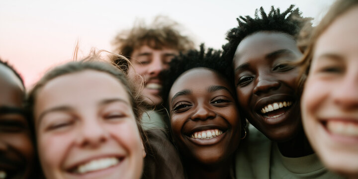 Diverse people, in the sunshine, studio style shot, bokeh background, happy warm moment, class photo at English school, ESL, different cultures and races, connection, humanity