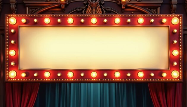 Vintage illuminated marquee sign with blank space. Retro design with light bulbs, perfect for text placement. Theatre, cinema, event promotion. Announcement board for showtime, party festival.