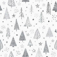 Obraz premium Seamless Pattern of Hand-Drawn Christmas Trees and Stars on a White Background, Ideal for Festive Decorations and Holiday Designs