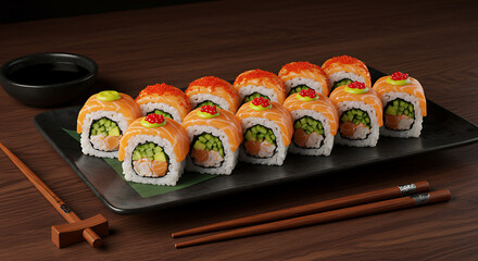 Fiery and Delicious Sushi Roll Platter: Fresh Salmon, Cucumber, Avocado, Roe, Japanese Cuisine