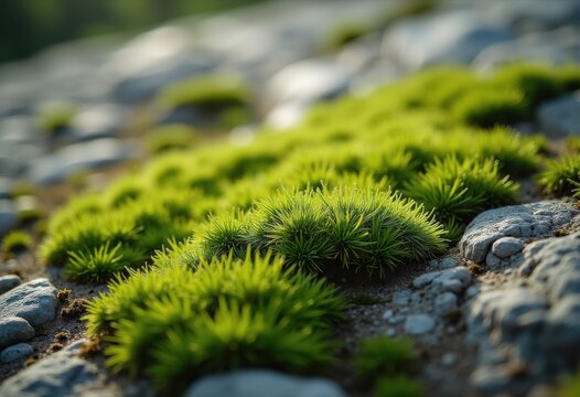 Lush Green Moss Accentuating Rough Stones Organic Nature Textures Tranquil Landscape