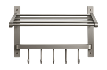 Wall-mounted drying rack with hooks for a utility closet in a bungalow.